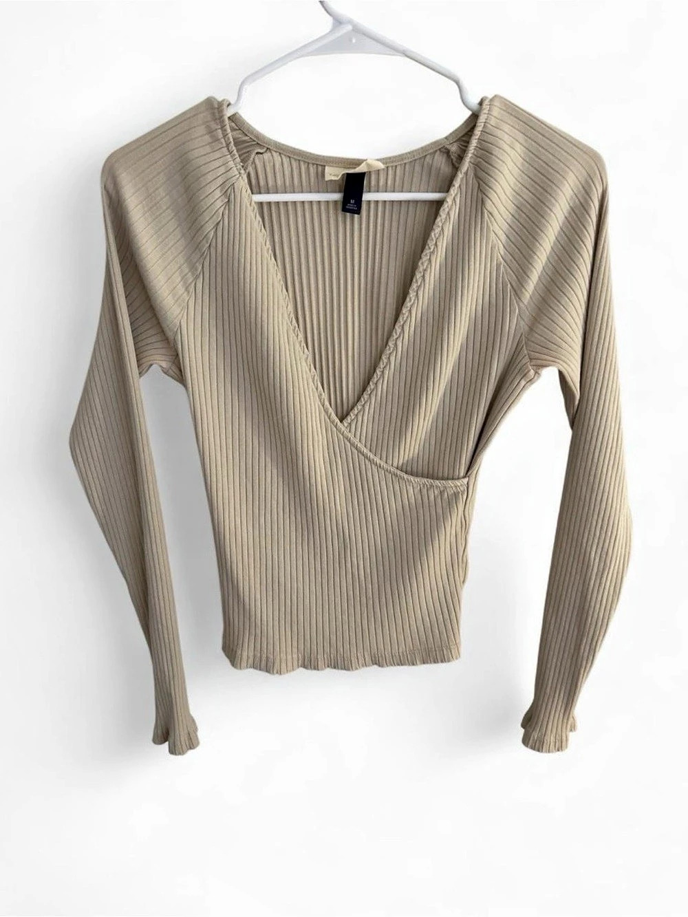 Universal Thread Ribbed Faux-Wrap Long Sleeve T-Shirt Beige Medium